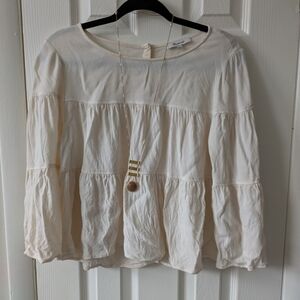 Women's madewell Cream Boho Tiered Viscose Blouse L Button Back Bell Sleeve